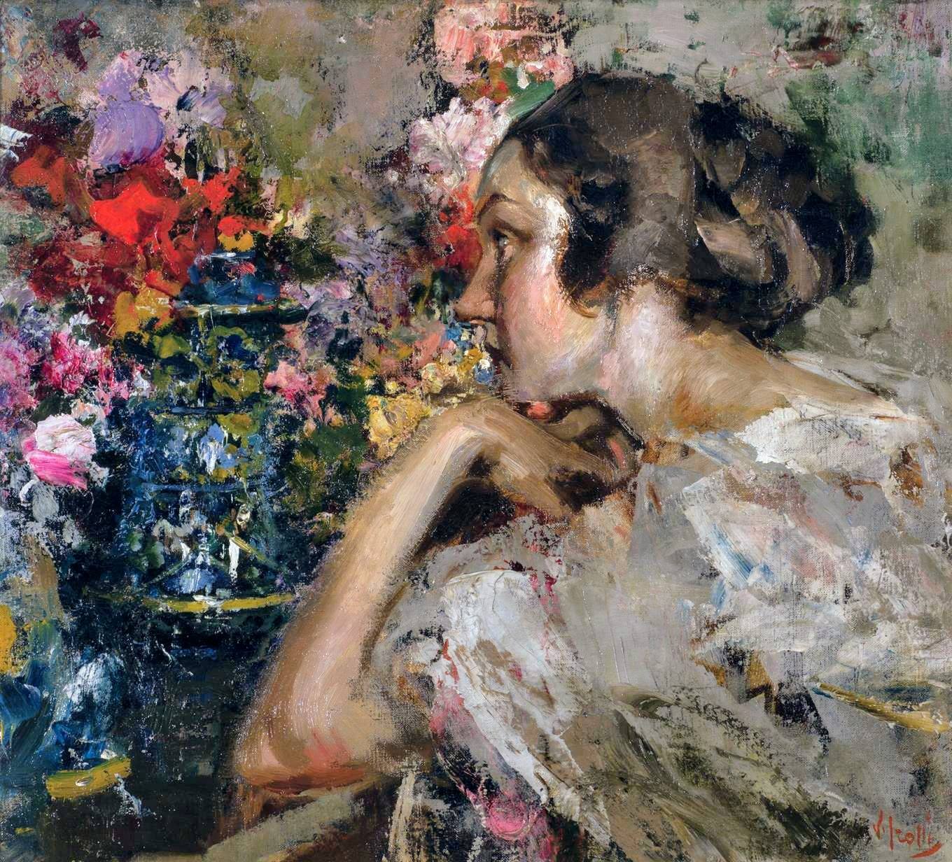 Sisina with a Vase of Flowers, vintage artwork by Vincenzo Irolli, 12x8" (A4) Poster