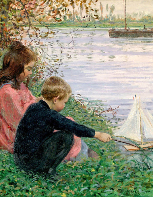 Children on the Riverbank, vintage artwork by Leon Giran-Max, 12x8" (A4) Poster