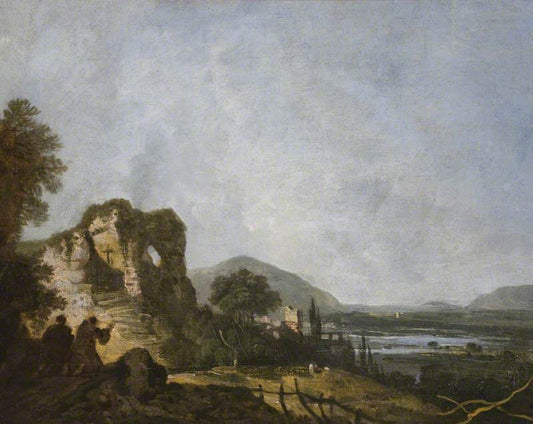 Classical Landscape with Monks Praying before a Ruin, vintage artwork by Richard Wilson, R. A., 12x8" (A4) Poster