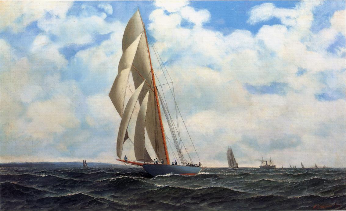 The Yacht Defender, on a Leeward Reach by  Sandy Hook, vintage artwork by Antonio Jacobsen, 12x8" (A4) Poster