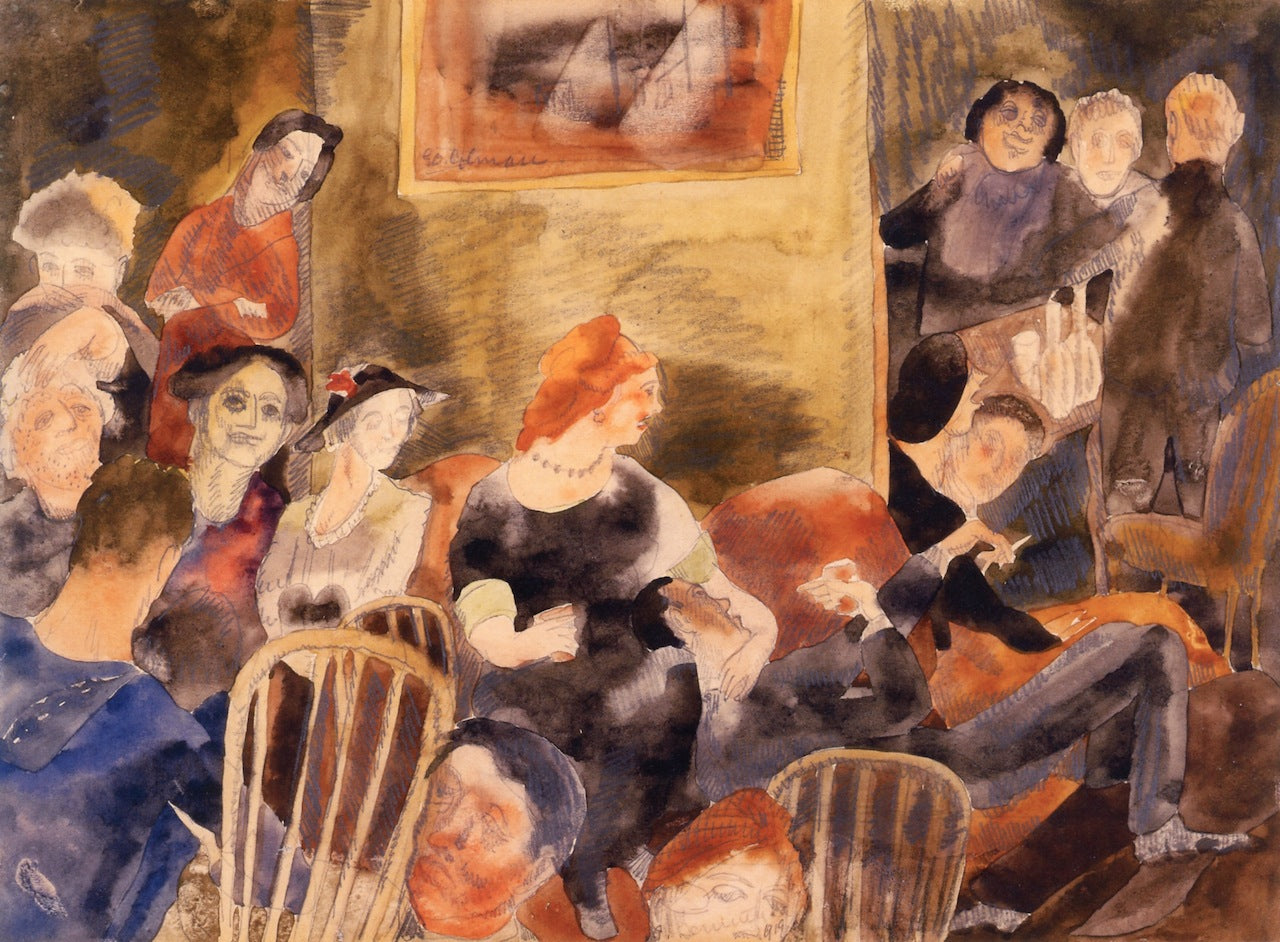 Interior with Group of People around Red-Headed Woman, vintage artwork by Charles Demuth, 12x8" (A4) Poster