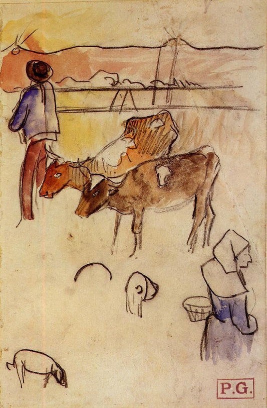 Bretons and Cows (sketch), vintage artwork by Paul Gauguin, 12x8" (A4) Poster