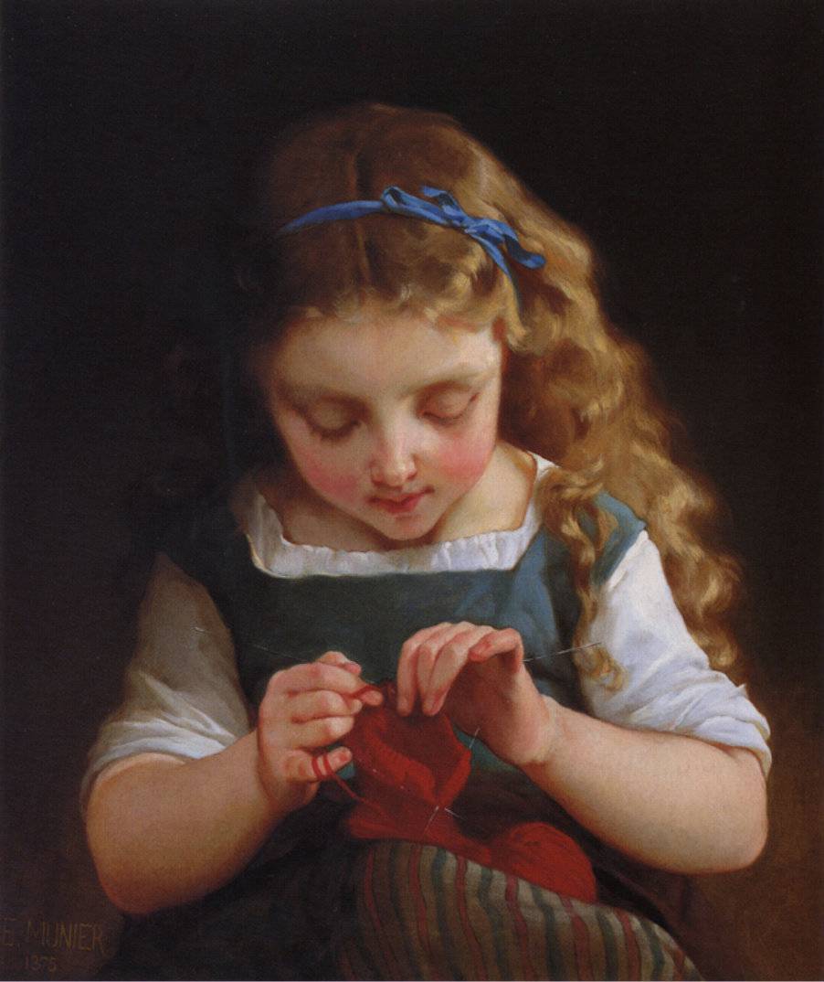 A Careful Stitch, vintage artwork by Émile Munier, 12x8" (A4) Poster