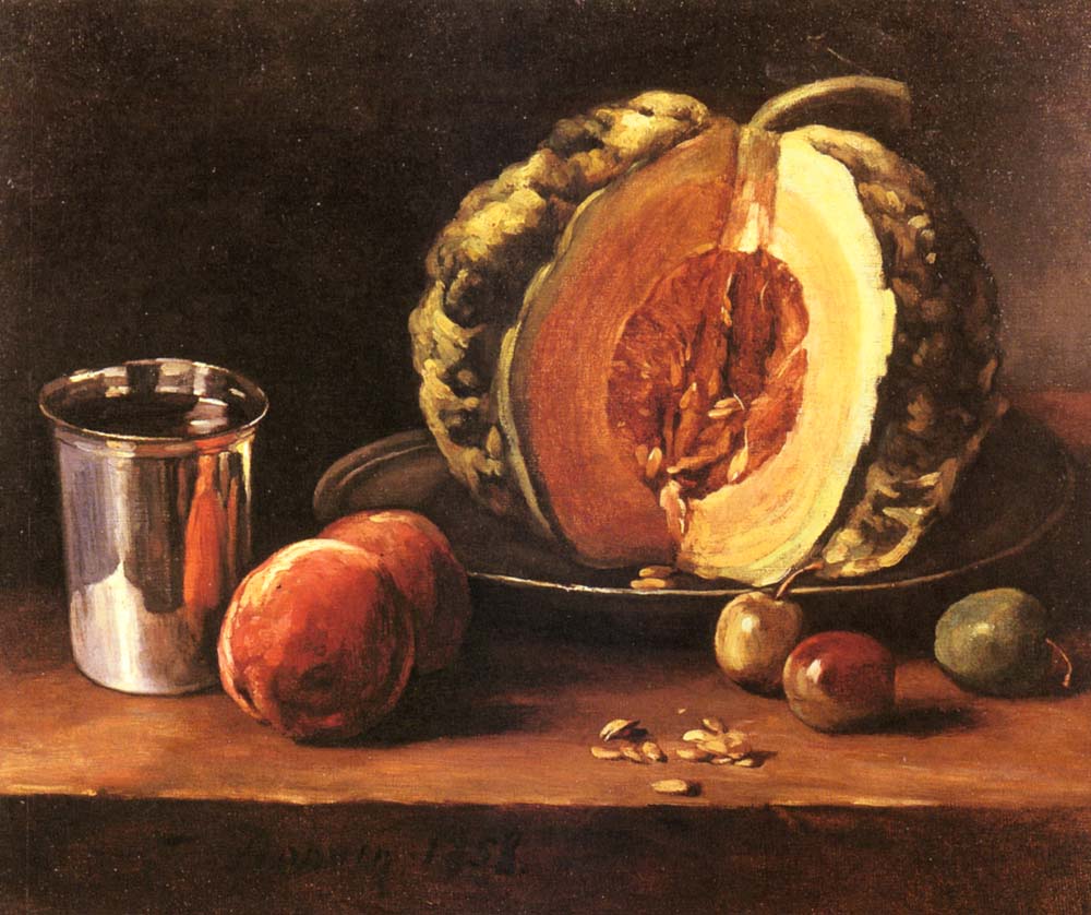 Still life with a Pumpkin, Peaches and a Silver Goblet on a Table Top, vintage artwork by François Bonvin, A3 (16x12") Poster Print