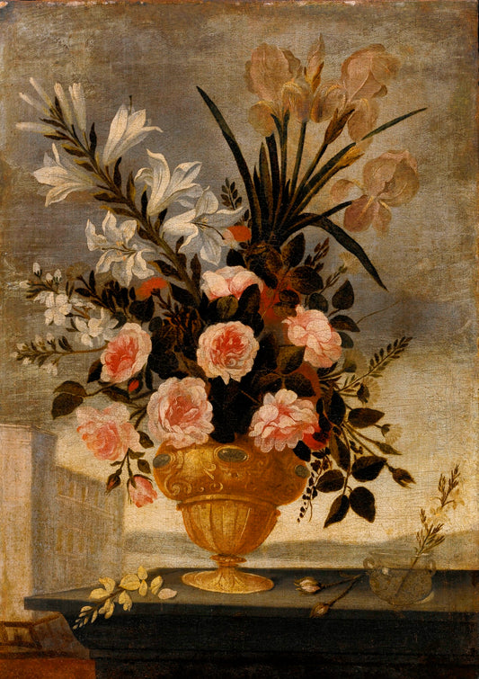 Still Life of Iris, Lilies, Roses and Carnations in Elaborate Urn, vintage artwork by Pedro de Camprobin, 12x8" (A4) Poster