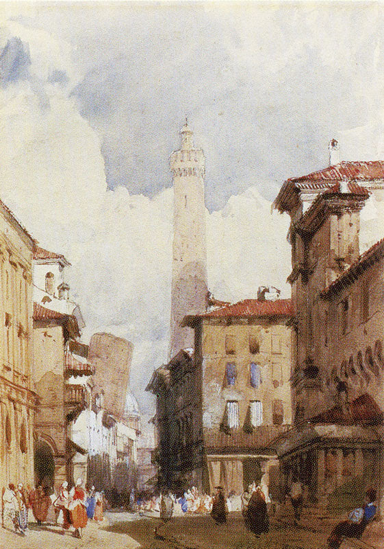 Bologna:  The Leaning Towers, vintage artwork by Richard Parkes Bonington, A3 (16x12