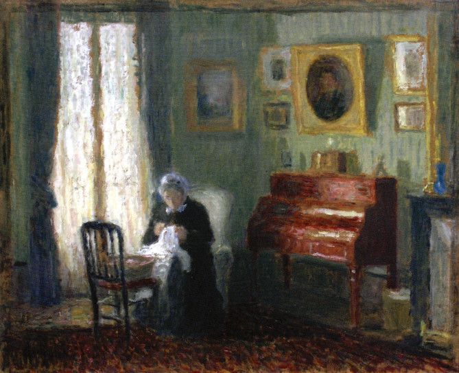 The Artist's Mother Sewing by Eugene-Antoine Durenne,A3(16x12
