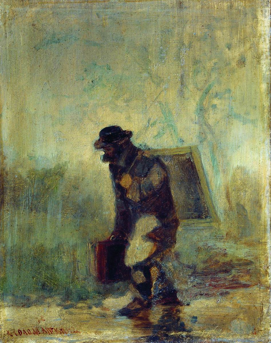 Painter Walking in the Rain, vintage artwork by Leonid Solomatkin, 12x8" (A4) Poster
