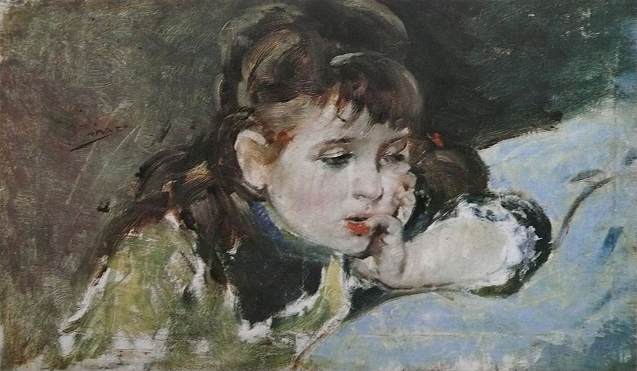 Little girl reading, vintage artwork by Ignacio Pinazo Camarlench, 12x8" (A4) Poster