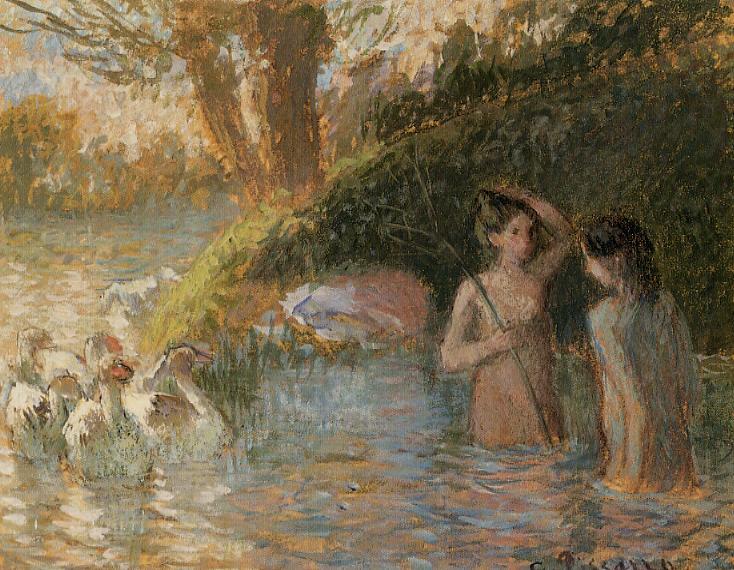 Bathing Goose Maidens, vintage artwork by Camille Pissarro, 12x8" (A4) Poster