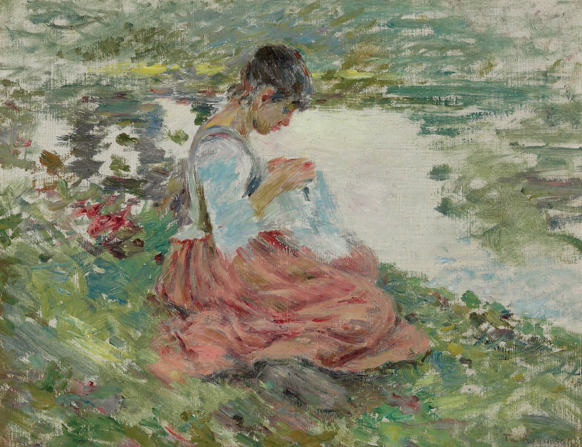 Girl Sewing by River by Theodore Robinson,A3(16x12")Poster