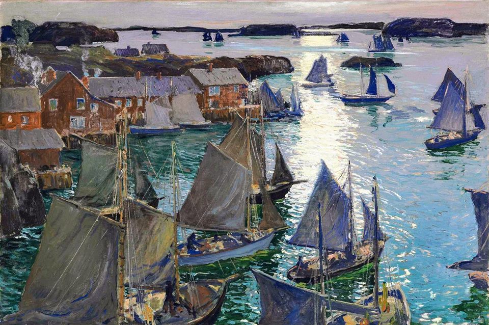 Anchored Boats, vintage artwork by Jonas Lie, 12x8" (A4) Poster