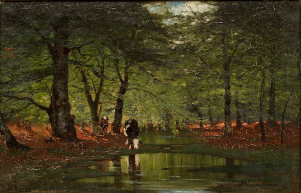 Cow Watering in the Woods, vintage artwork by Anders Kallenberg, 12x8" (A4) Poster