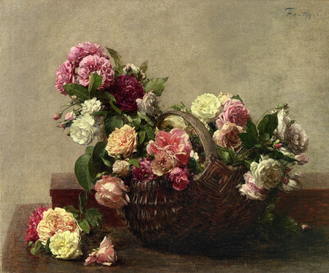 Basket of Roses, vintage artwork by Henri Fantin-Latour, 12x8" (A4) Poster