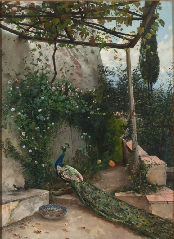 Terrace with Peacock, the Alhambra by Hugo Birger,A3(16x12")Poster