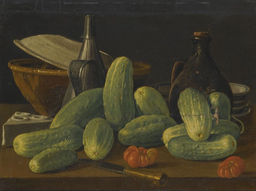 Still Life with Cucumbers and Tomatoes, vintage artwork by Luis Melendez, 12x8" (A4) Poster