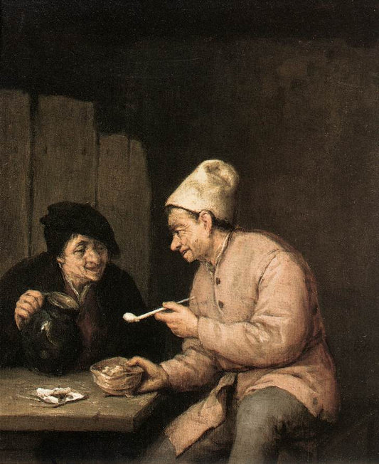 Drinking and Piping in a Tavern, vintage artwork by Adriaen van Ostade, 12x8" (A4) Poster