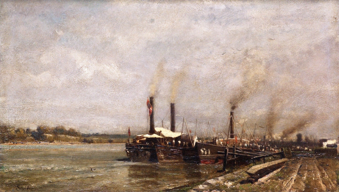 Danube Steamers at the Landing Stage, vintage artwork by Emil Jacob Schindler, 12x8" (A4) Poster