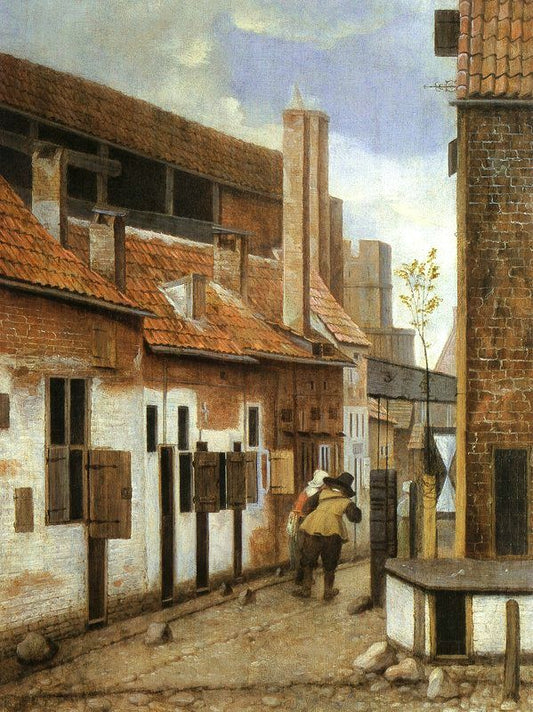 Street Scene with Two Figures Walking, vintage artwork by Jacobus Vrel, 12x8" (A4) Poster