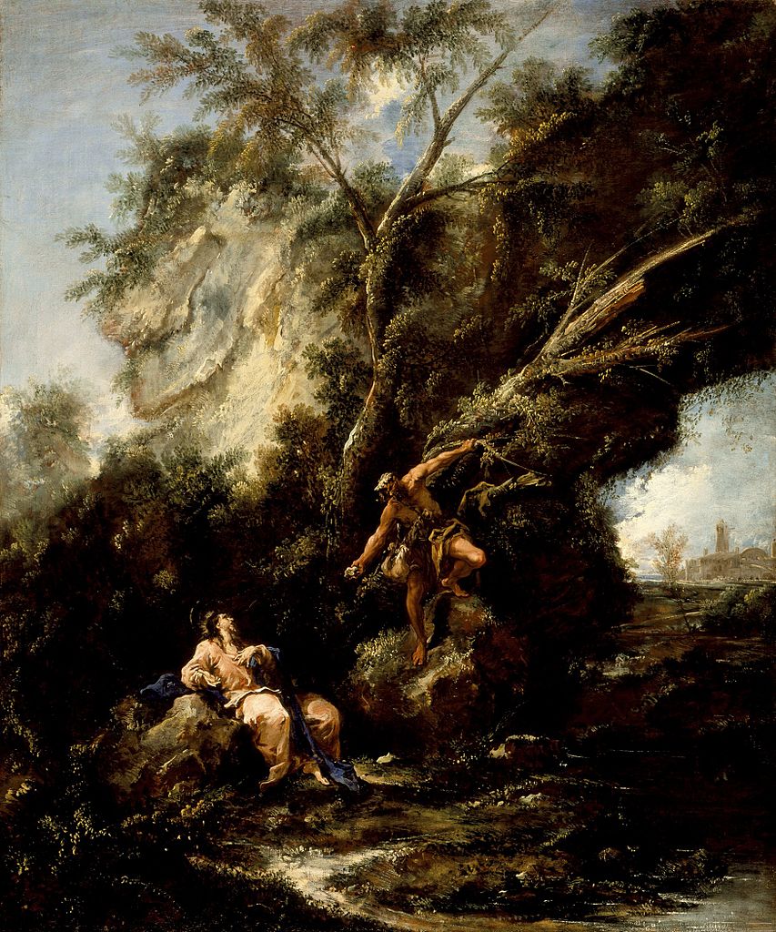 Landscape with the Temptation of Christ, vintage artwork by Attributed to Alessandro Magnasco, 12x8" (A4) Poster