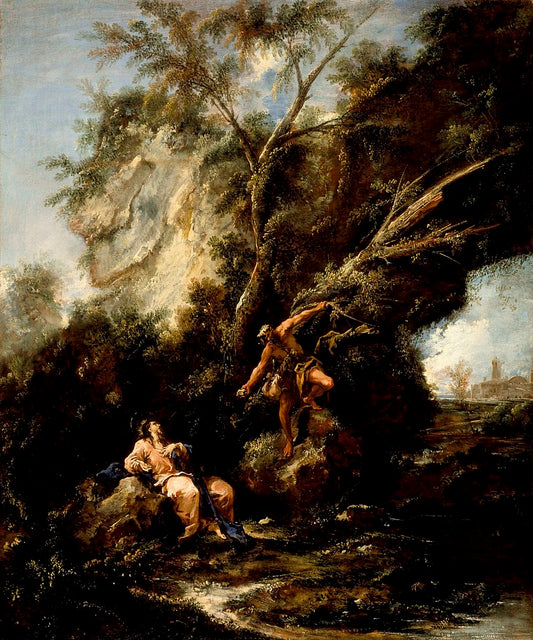 Landscape with the Temptation of Christ, vintage artwork by Attributed to Alessandro Magnasco, 12x8" (A4) Poster