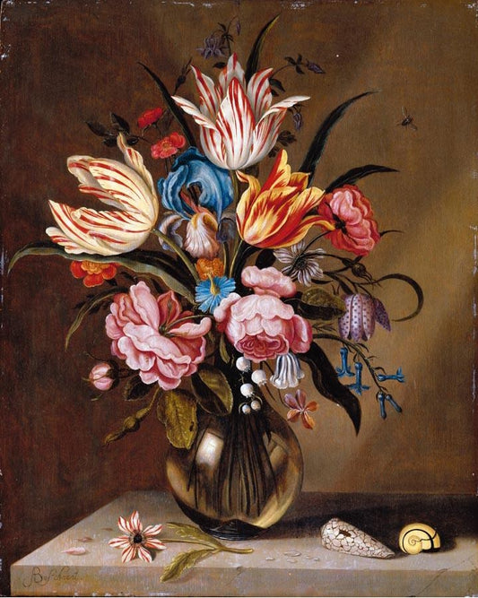 Still Life of Pink Roses, Striped Tulips, a Blue Iris, etc. in a Glass Vase, vintage artwork by Ambrosius Bosschaert the Younger, 12x8" (A4) Poster