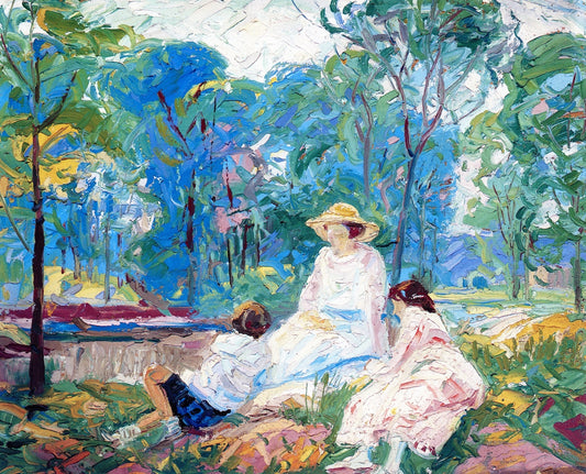 Three Figures at Rest Beside Brook, vintage artwork by Albert Henry Krehbiel, 12x8" (A4) Poster