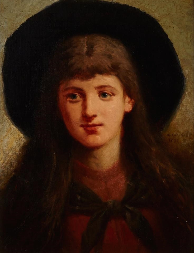 Young Girl with a Wide Brimmed Hat, vintage artwork by William Raphael, 12x8" (A4) Poster