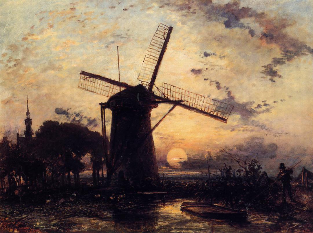 Boatman by  a Windmill at Sundown, vintage artwork by Johan Barthold Jongkind, A3 (16x12") Poster Print