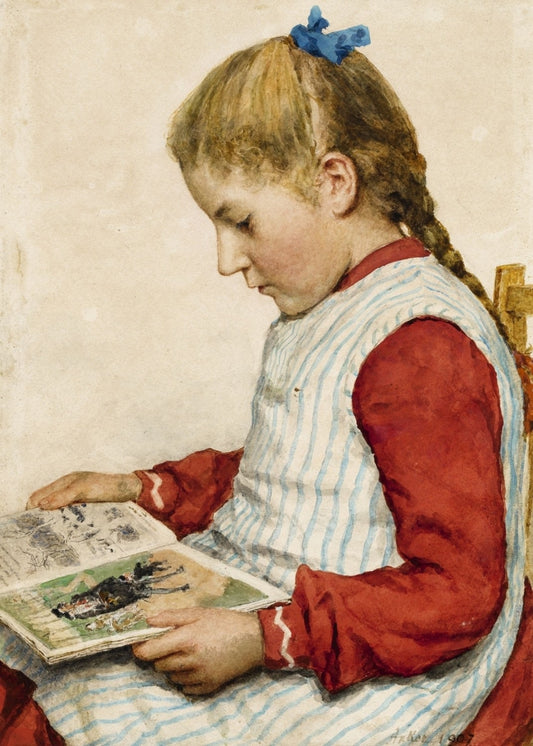 Girl Looking at a Book, vintage artwork by Albert Anker, 12x8" (A4) Poster