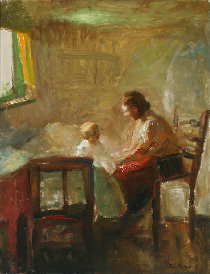 Mother and child in the bedroom by Julius Paulsen,A3(16x12")Poster