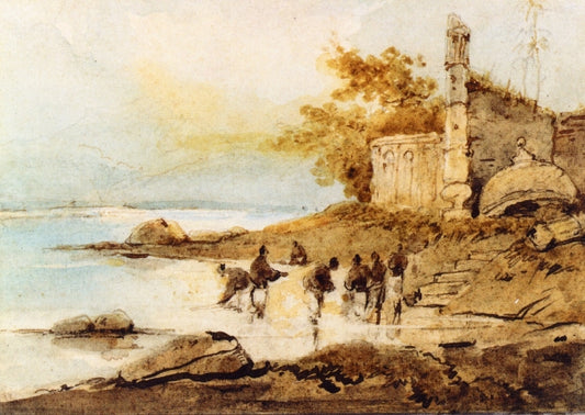 Figures Bathing in a River, vintage artwork by George Chinnery, 12x8" (A4) Poster