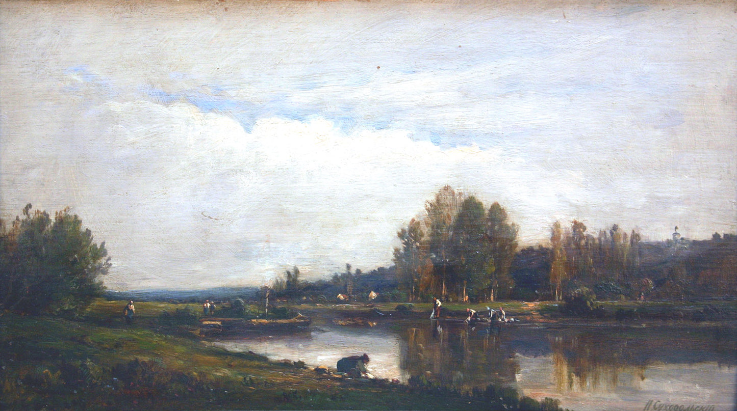 Washerwomen on the banks of a river, vintage artwork by Petr Sukhodolsky, 12x8" (A4) Poster