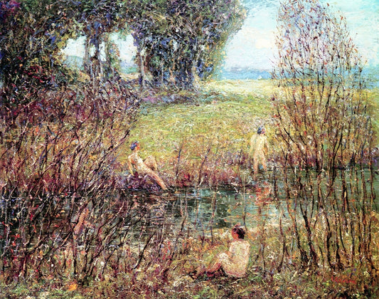 Boys by  a Stream, vintage artwork by Ernest Lawson, 12x8" (A4) Poster