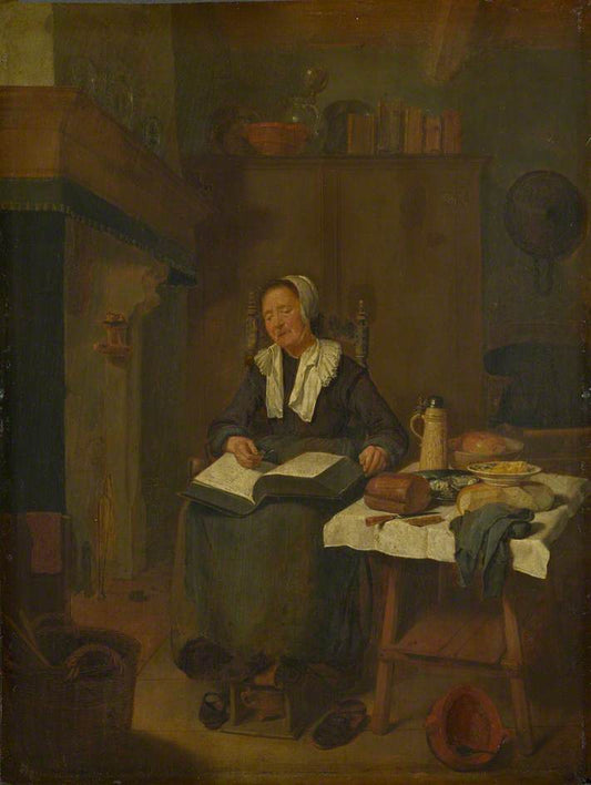 A Woman Asleep by  the Fire, vintage artwork by Quiringh van Brekelenkam, 12x8" (A4) Poster