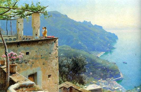 The Ravello Coastline, vintage artwork by Peder Mork Mønsted, 12x8" (A4) Poster