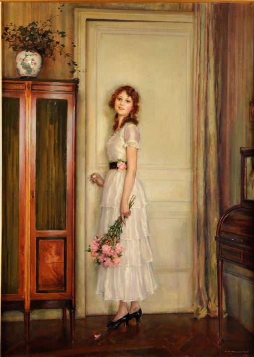 Young Woman with Roses, vintage artwork by Jules-Alexis Muenier, 12x8" (A4) Poster