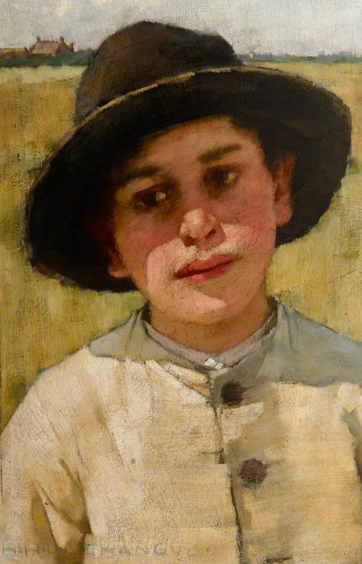 Boy in a Black Hat before a Cornfield (study), vintage artwork by Henry Herbert la Thangue, 12x8" (A4) Poster