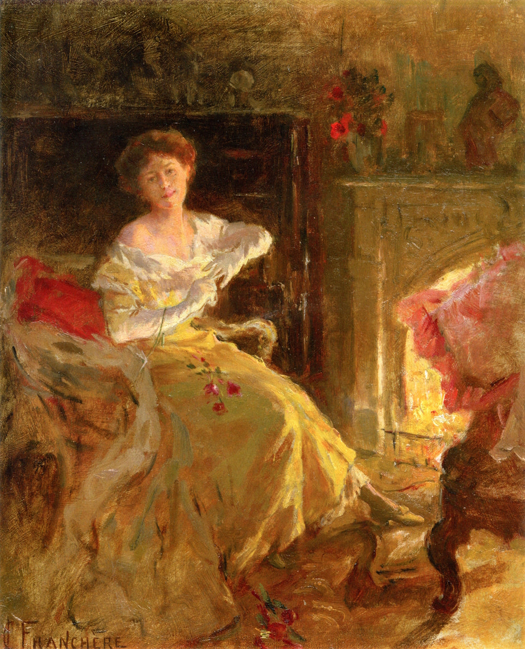 Woman Seated by  the Fireplace, vintage artwork by Joseph-Charles Franchère, 12x8" (A4) Poster