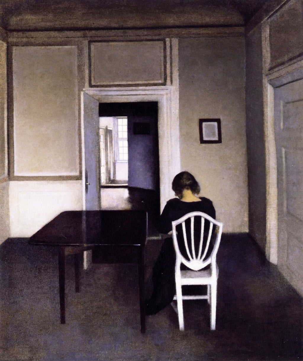Interior with Ida in a White Chair, vintage artwork by Vilhelm Hammershøi, 12x8" (A4) Poster