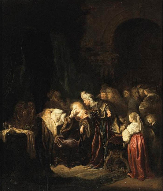 David and Bathsheba Mourning over their Dead Son, vintage artwork by Salomon Koninck, 12x8" (A4) Poster