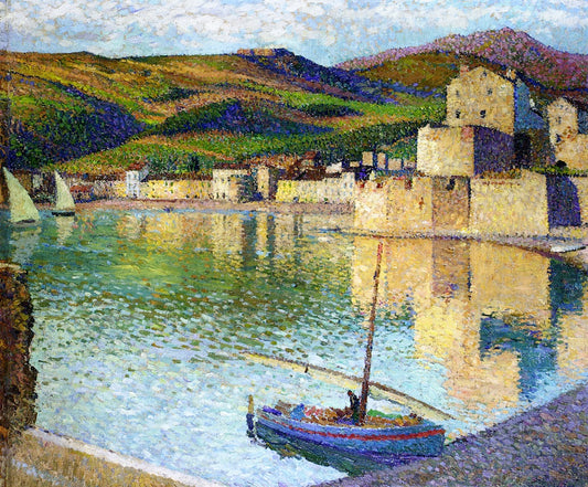 Blue Boat in Port Collioure, vintage artwork by Henri Martin, 12x8" (A4) Poster