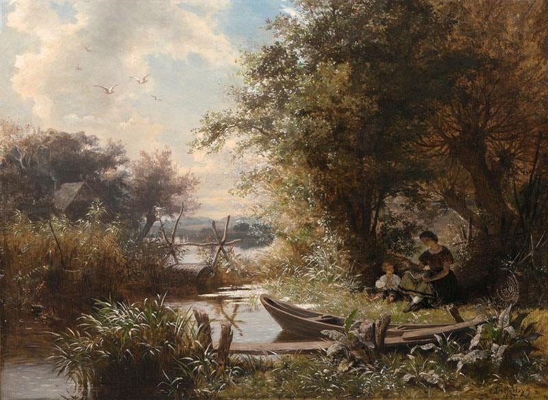 Idyllic Landscape with Fisherwoman and Child, vintage artwork by Karl August Heinrich Ferdinand Oesterley, Jr., 12x8" (A4) Poster