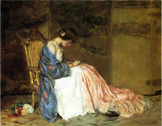 Girl Sewing - The Party Dress, vintage artwork by William Wallace Gilchrist Jr., 12x8" (A4) Poster