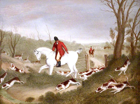 Hunting Scene: A Huntsman Encouraging Hounds through a Gate, vintage artwork by Richard Barrett Davis, 12x8" (A4) Poster
