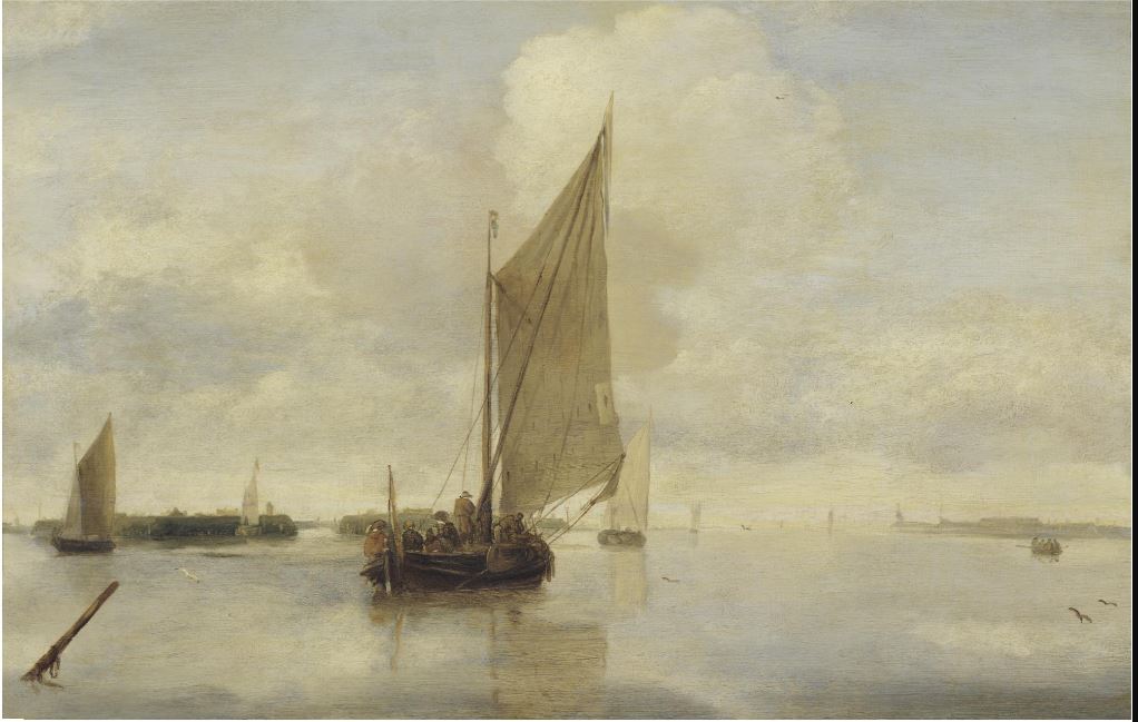 Sailing Vessels and a Rowing Boat on a Calm Sea, vintage artwork by Hendrick Jacobsz. Dubbels, 12x8" (A4) Poster