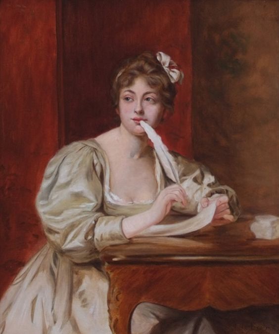 Young Woman Writing, vintage artwork by Auguste de la Brely, 12x8" (A4) Poster