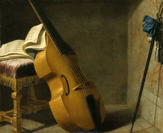 Bass Viol, Score Sheet, and a Sword, vintage artwork by Jean-Baptiste Oudry, 12x8" (A4) Poster