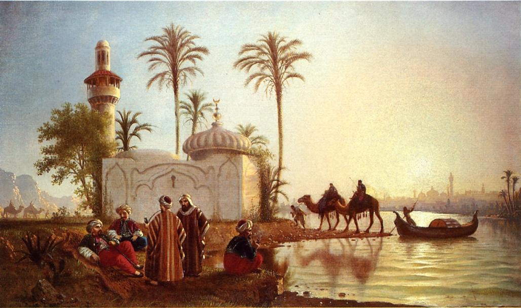 Evening Smoke by  the Mosque, vintage artwork by Fortunato Arriola, 12x8" (A4) Poster