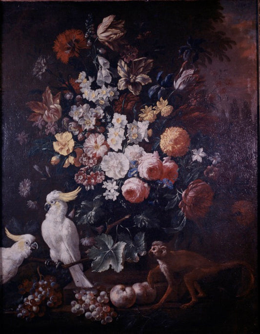 Still Life with a Cockatoo, vintage artwork by Abraham Mignon, 12x8" (A4) Poster